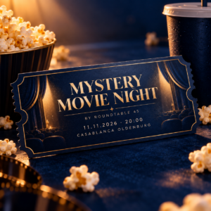Ticketmotiv zur Mystery Movie Night by Roundtable 45 am 11. November 2026 im Casablanca Oldenburg mit Popcorn und Getränk